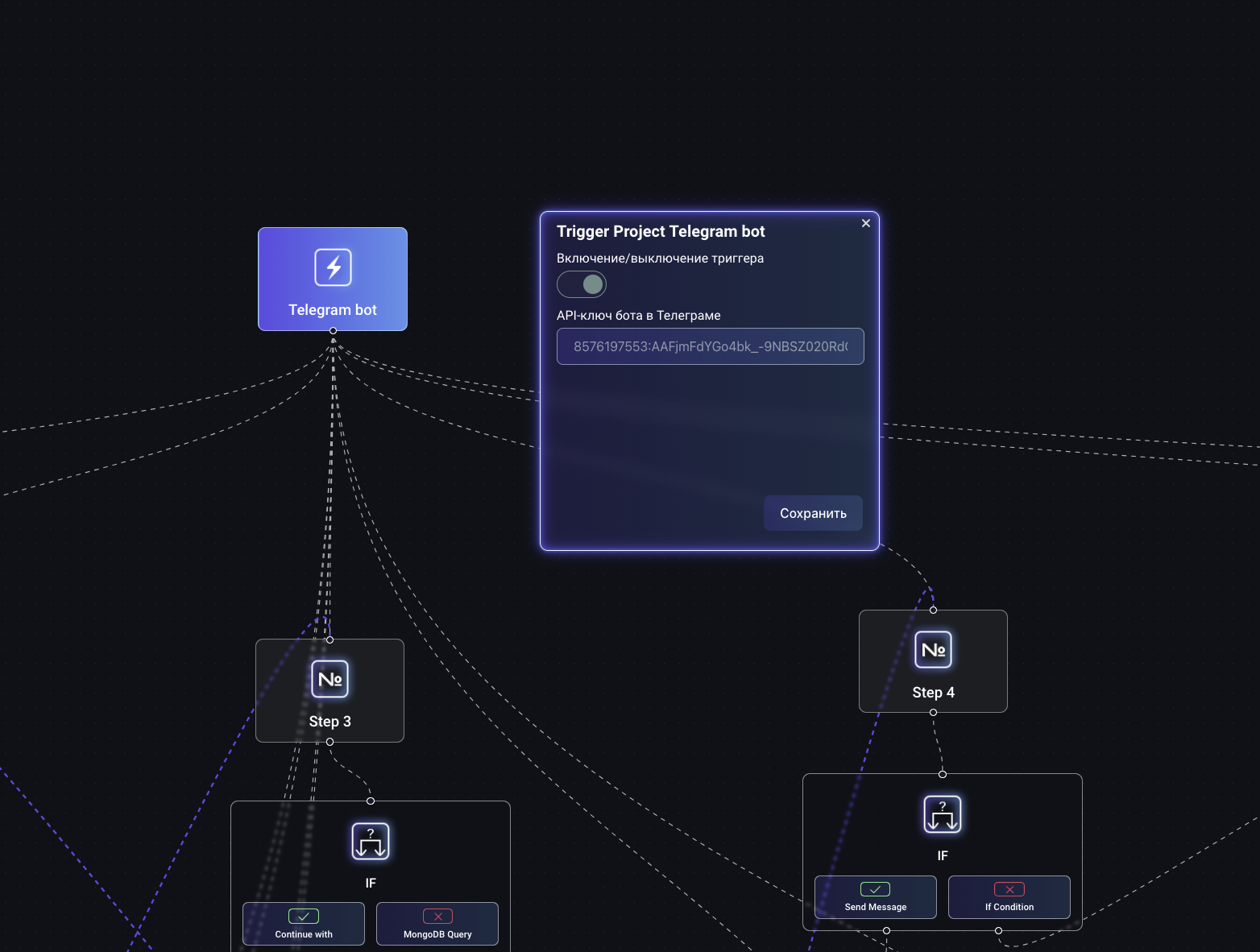 Скриншот рабочего пространтсва thequeue.io с шаблоном Telegram-бота